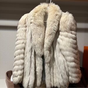 Fox Fur Mid-Length Coat White Beige Overcoat Long Sleeve 
 Jacket